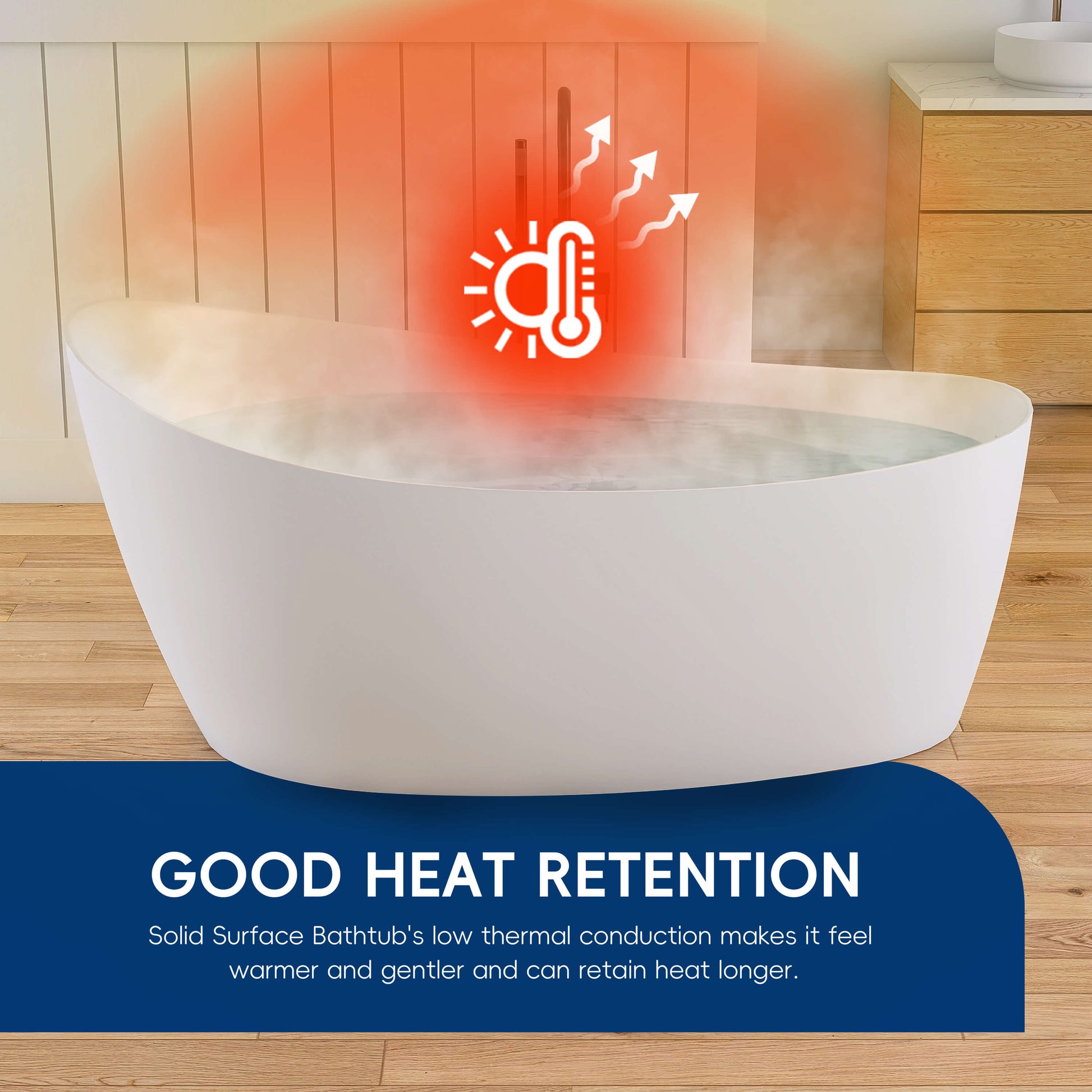 White solid surface bathtub with heat retention feature illustration in a bathroom setting