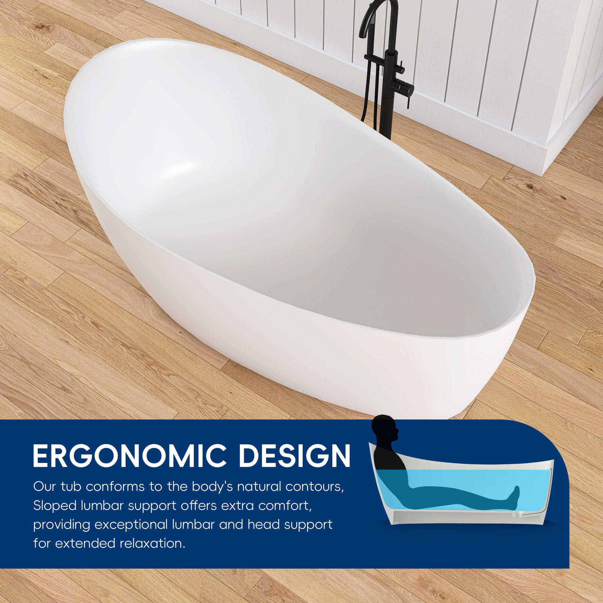 White freestanding bathtub on a wooden floor with ergonomic design text overlay.