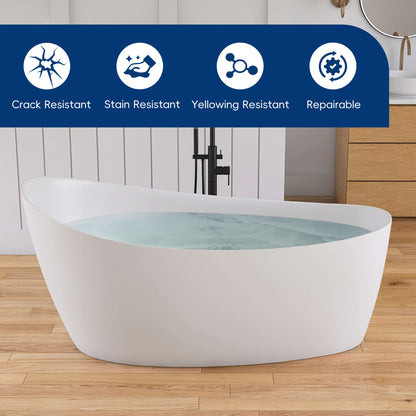 White freestanding bathtub in a bathroom with features listed above it.