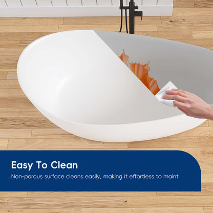 Person cleaning a white oval object with a cloth on a wooden floor, with text 'Easy To Clean' at the bottom.