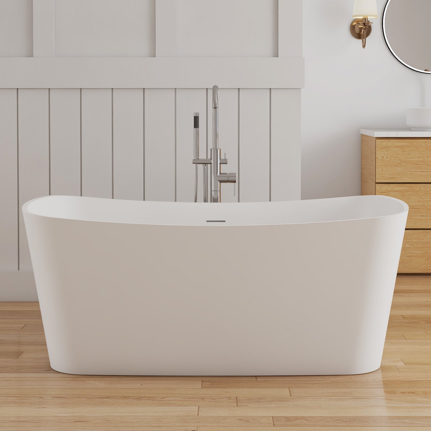 Medunjess 57" Solid Surface Freestanding Bathtub Matte White Ergonomic Resin Stone Bath Tub