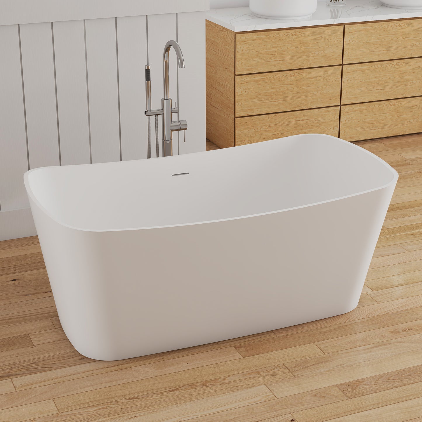 Medunjess 57" Solid Surface Freestanding Bathtub Matte White Ergonomic Resin Stone Bath Tub