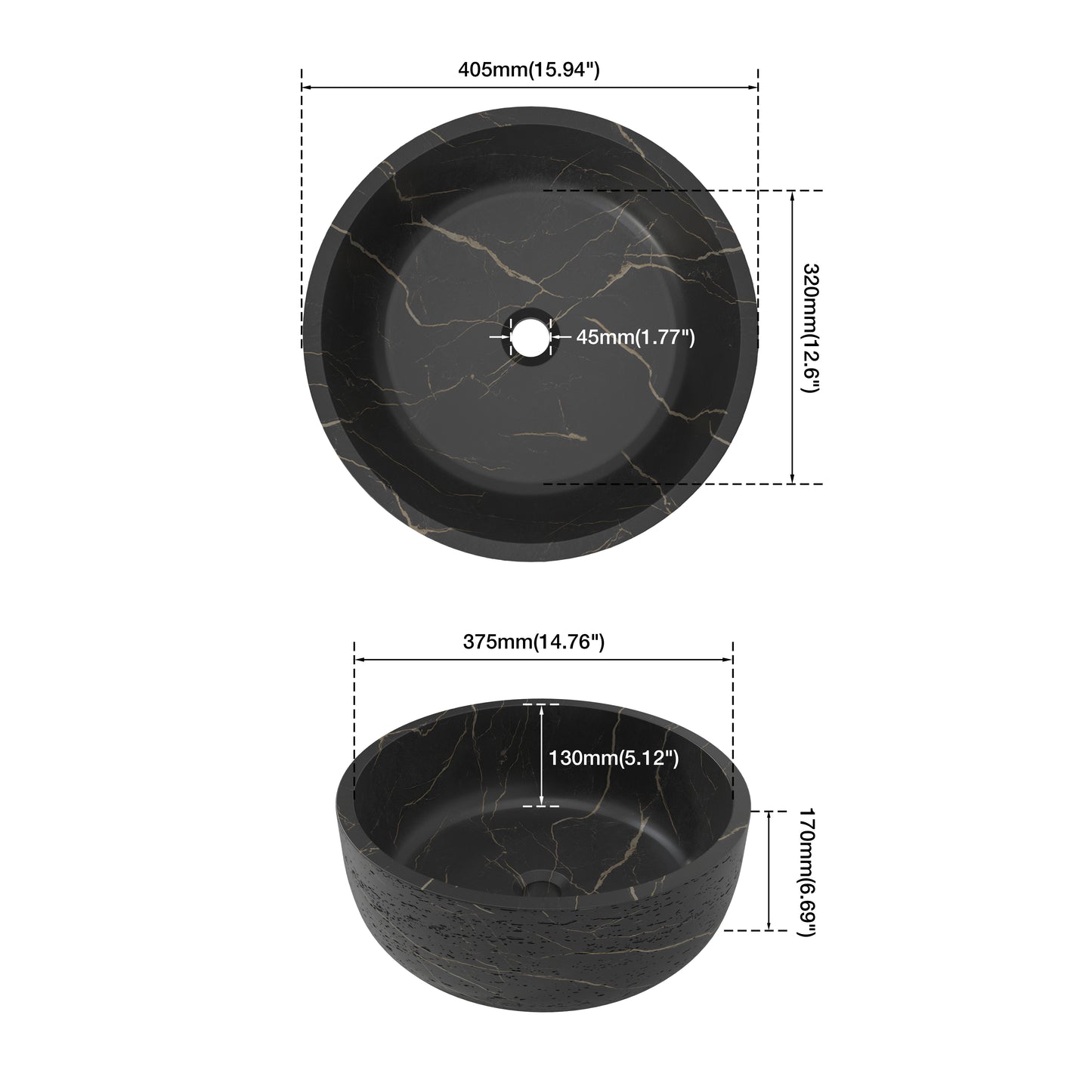 Medunjess 16" Round Solid Surface Stone Vessel Sink, Modern Black & Gold Marble Patterned Above