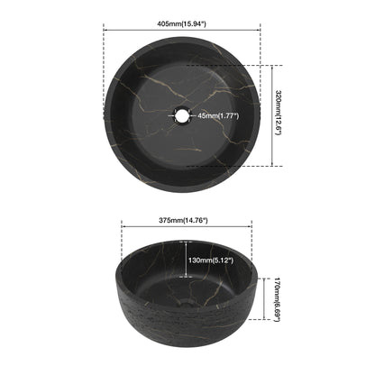 Medunjess 16" Round Solid Surface Stone Vessel Sink, Modern Black & Gold Marble Patterned Above