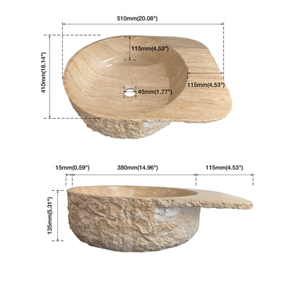 Medunjess 20" Natural Rock-Textured Solid Surface Vessel Sink, Beige Travertine Pattern Above