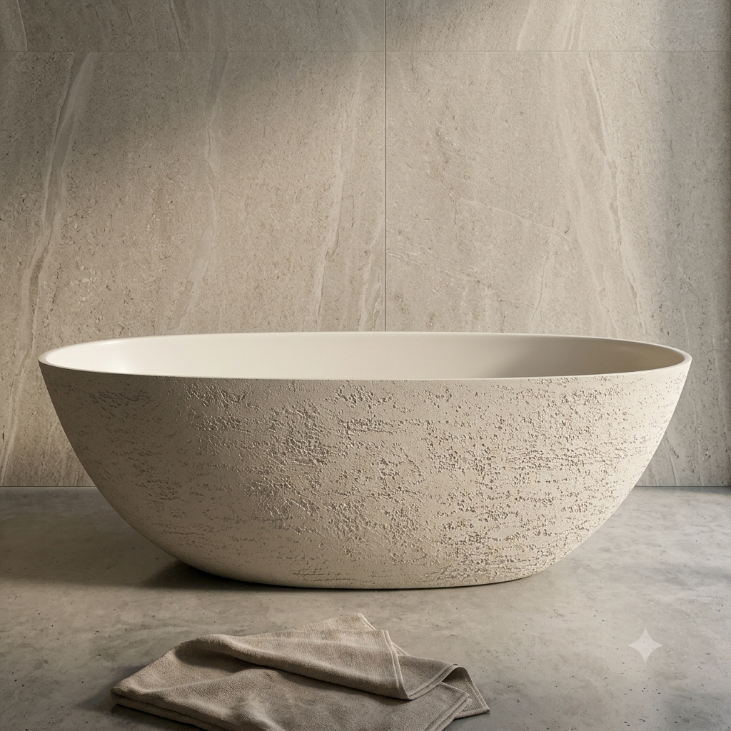 Medunjess 67" Travertine Stone Solid Surface Freestanding Bathtub Stone-Texture Soaking Tub
