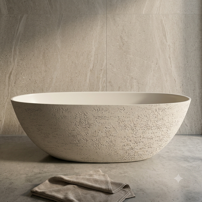 Medunjess 67" Travertine Stone Solid Surface Freestanding Bathtub Stone-Texture Soaking Tub