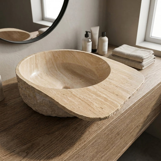 Medunjess 20" Natural Rock-Textured Solid Surface Vessel Sink, Beige Travertine Pattern Above