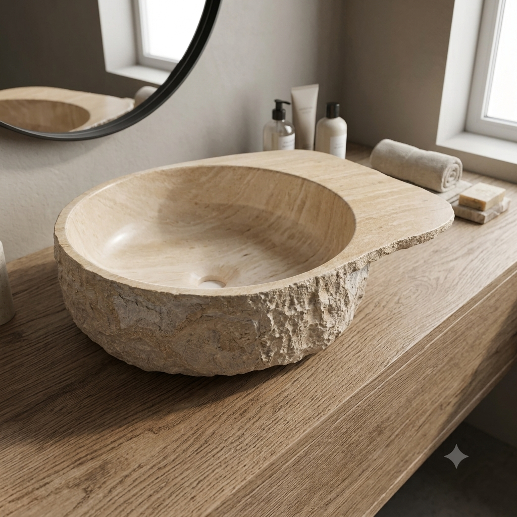 Medunjess 20" Natural Rock-Textured Solid Surface Vessel Sink, Beige Travertine Pattern Above