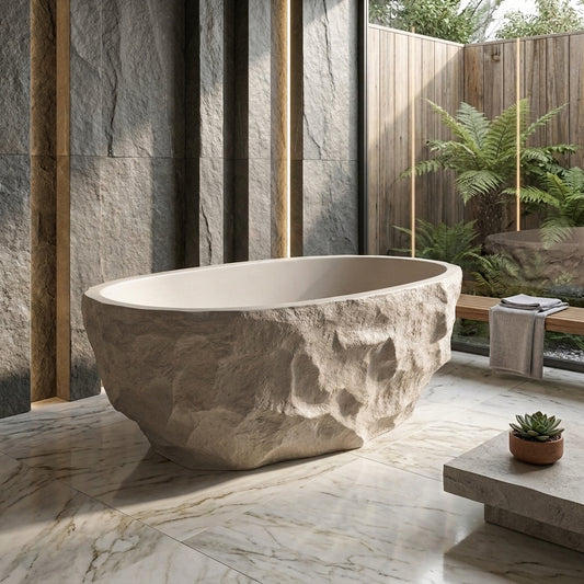 Medunjess 67.5" Raw Travertine-Style Solid Surface Deep Soaking Tub Freestanding Bathtub