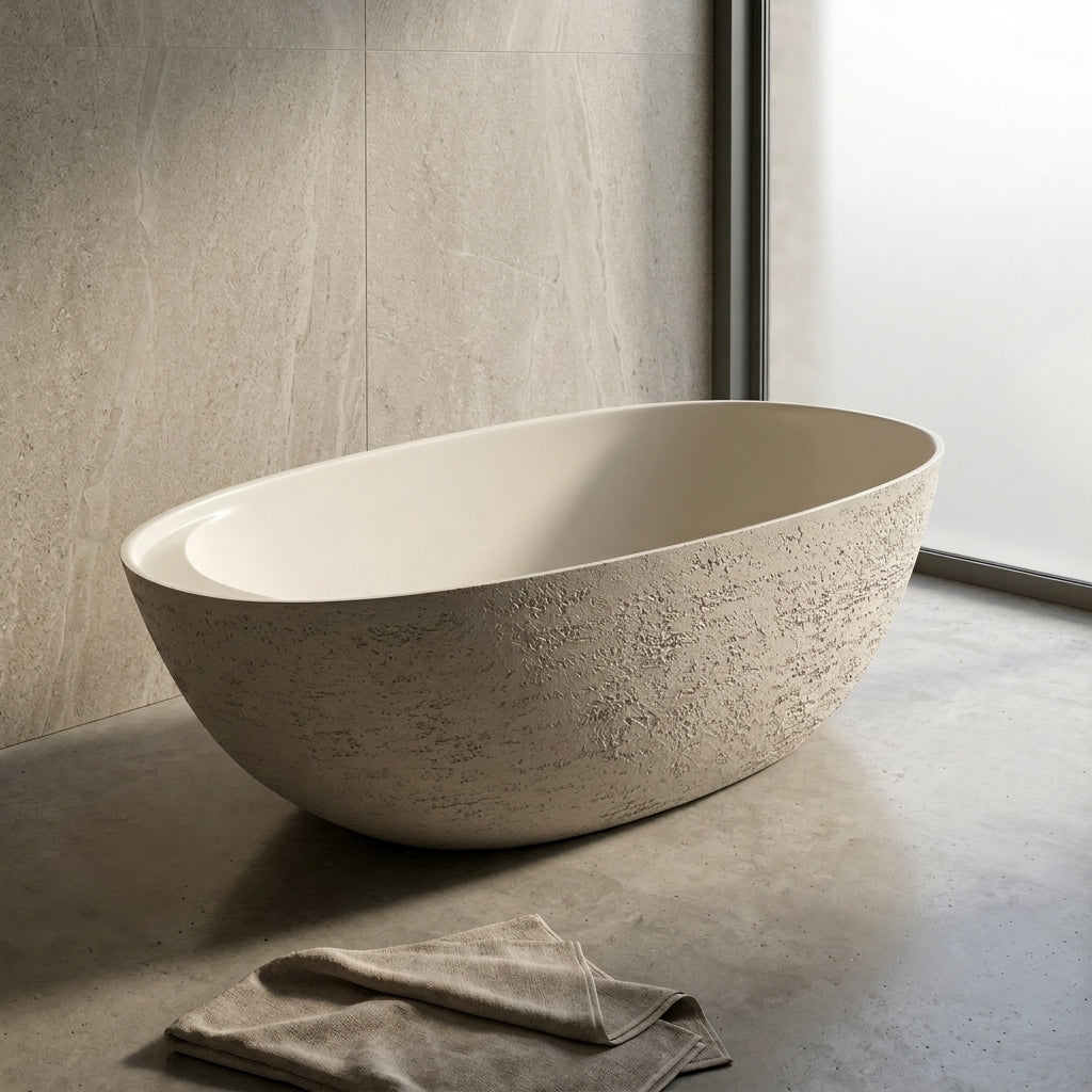 Medunjess 67" Travertine Stone Solid Surface Freestanding Bathtub Stone-Texture Soaking Tub