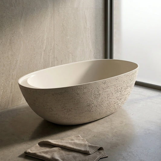 Medunjess 67" Travertine Stone Solid Surface Freestanding Bathtub Stone-Texture Soaking Tub