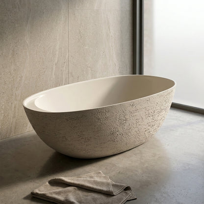Medunjess 67" Travertine Freestanding Stone Soaking Bathtub - Armani Grey Travertine Exterior & Warm Beige Interior
