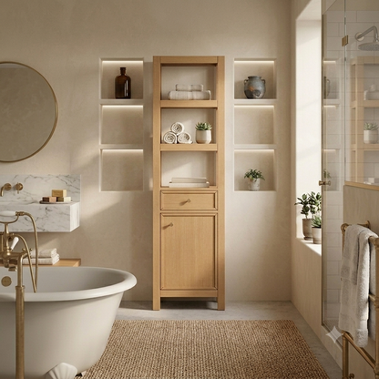 Medunjess 71" Modern Freestanding Bathroom Tall Linen Cabinet,Straight Grain White Oak Finish with Brushed Gold & Matte Black Hardware