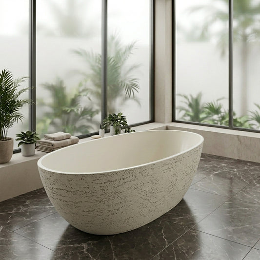 Medunjess 67"  Artificial Travertine Freestanding Bathtub Oval Stone Resin Soaking Tub in Linen