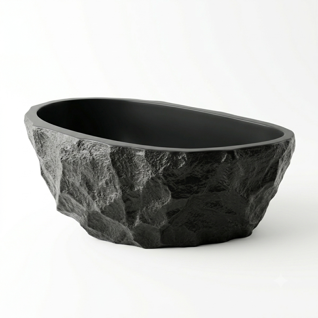 MEDUNJESS 67" Raw-Cut Chiseled Black Rock Solid Surface Freestanding Bathtub
