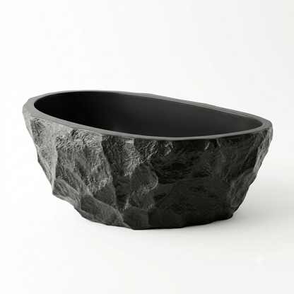 MEDUNJESS 67" Raw-Cut Chiseled Black Rock Solid Surface Freestanding Bathtub