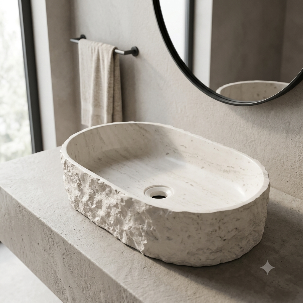 Medunjess 23" Oval Modern Chiseled Rock Face Above-Counter Bathroom Vanity Basin - Off-White Travertine Look