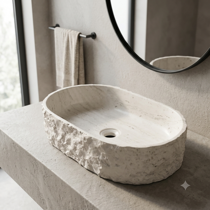 Medunjess 23" Oval Modern Chiseled Rock Face Above-Counter Bathroom Vanity Basin - Off-White Travertine Look