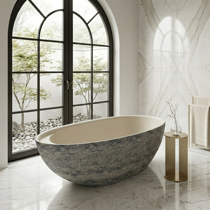 Medunjess 67" Travertine Freestanding Stone Soaking Bathtub - Armani Grey Travertine Exterior & Warm Beige Interior