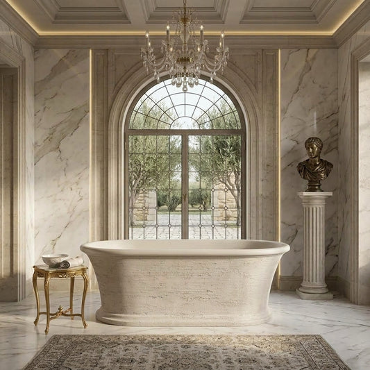 Medunjess 67" Royal Freestanding Artificial Travertine Stone Soaking Bathtub - Linen Finish with Color