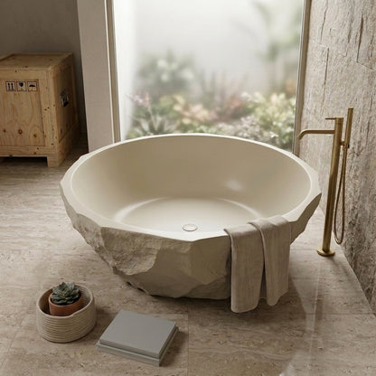 Medunjess 61" Minimalist Round Travertine-Texture Solid Surface Freestanding Bathtub
