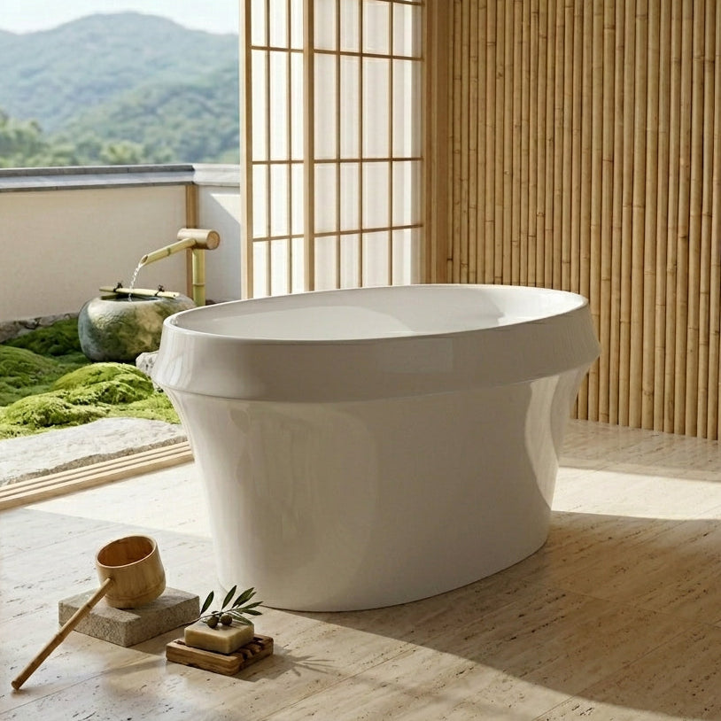 Medunjess 46" Bamboo-Inspired Acrylic Freestanding Soaking Bathtub – Japanese-Style Soaking Tub with Built-In Seat