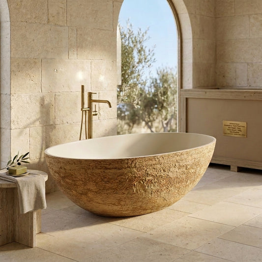 MEDUNJESS 63" Minimalist Travertine Solid Surface Boat-Shaped Freestanding Bathtub