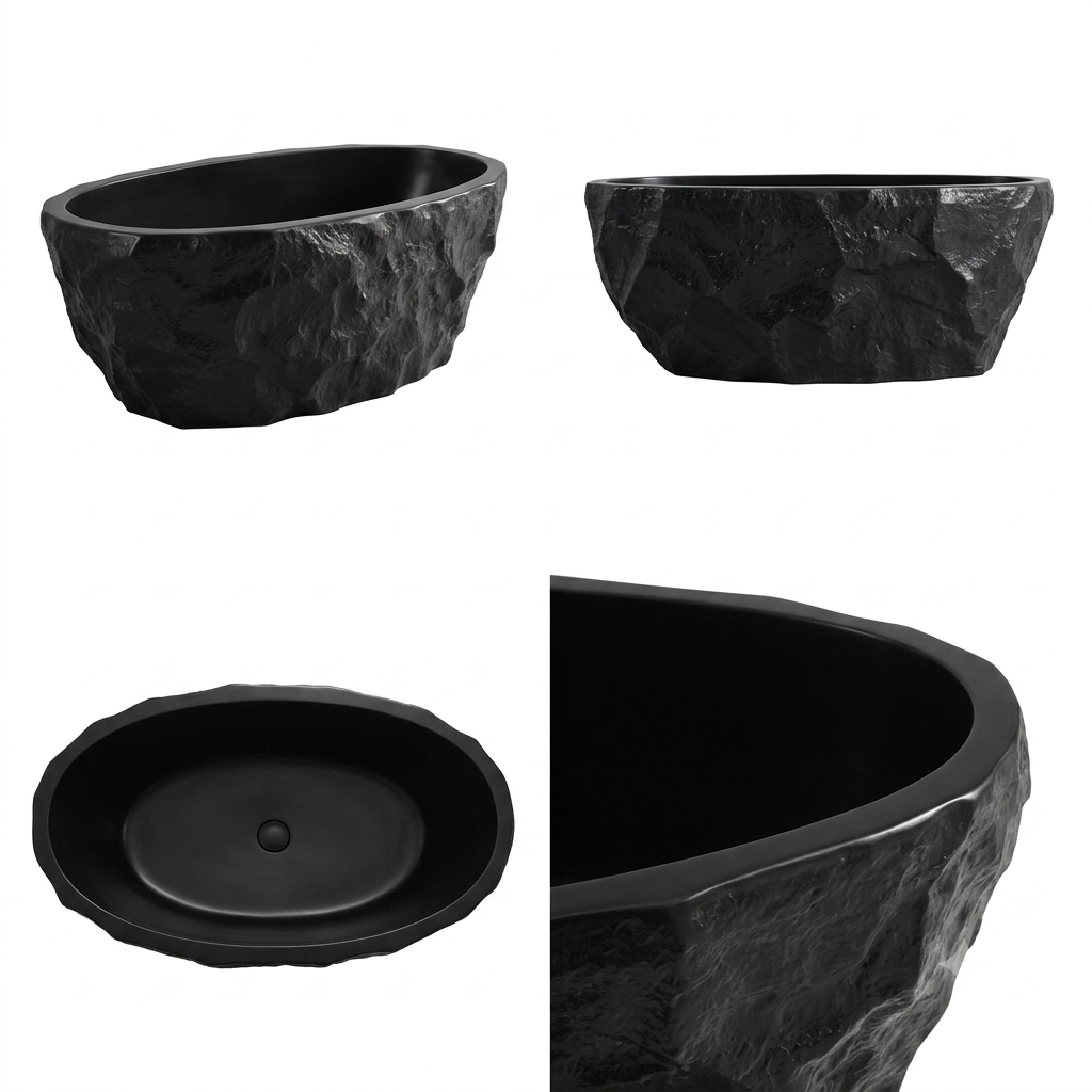 MEDUNJESS 67" Raw-Cut Chiseled Black Rock Solid Surface Freestanding Bathtub