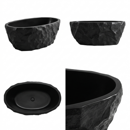 MEDUNJESS 67" Raw-Cut Chiseled Black Rock Solid Surface Freestanding Bathtub