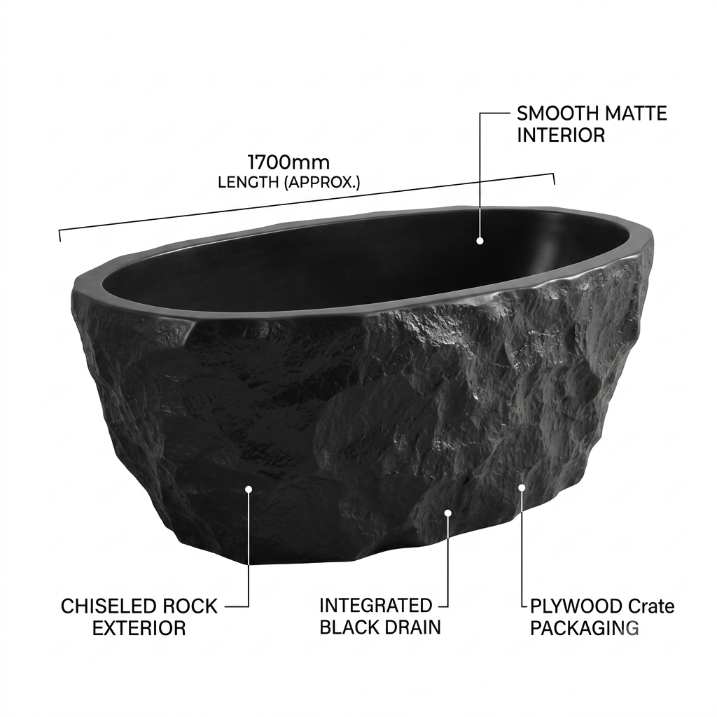 MEDUNJESS 67" Raw-Cut Chiseled Black Rock Solid Surface Freestanding Bathtub