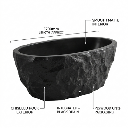 MEDUNJESS 67" Raw-Cut Chiseled Black Rock Solid Surface Freestanding Bathtub