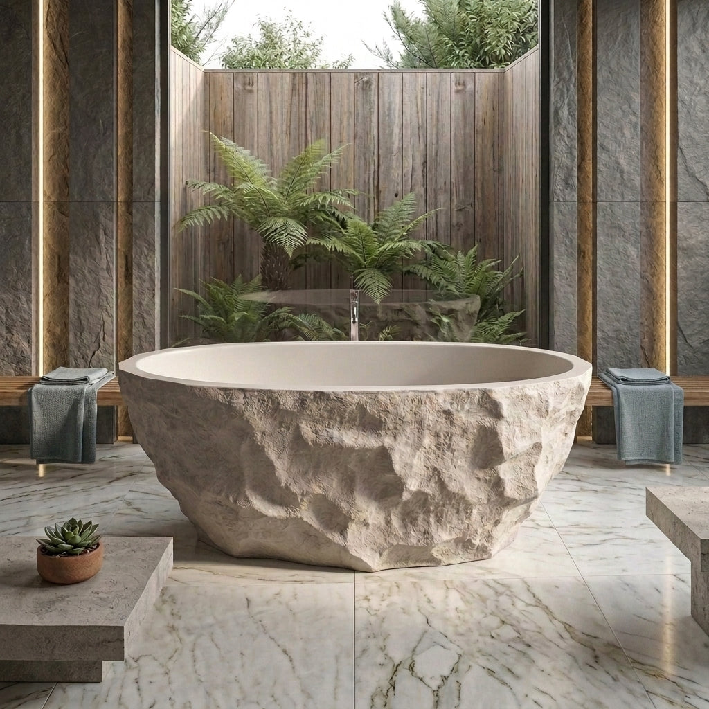 Medunjess 67.5" Raw Travertine-Style Solid Surface Deep Soaking Tub Freestanding Bathtub
