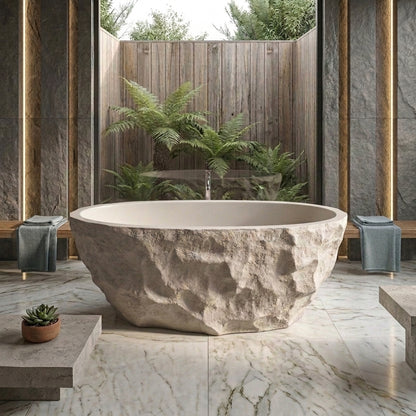 Medunjess 67.5" Raw Travertine-Style Solid Surface Deep Soaking Tub Freestanding Bathtub