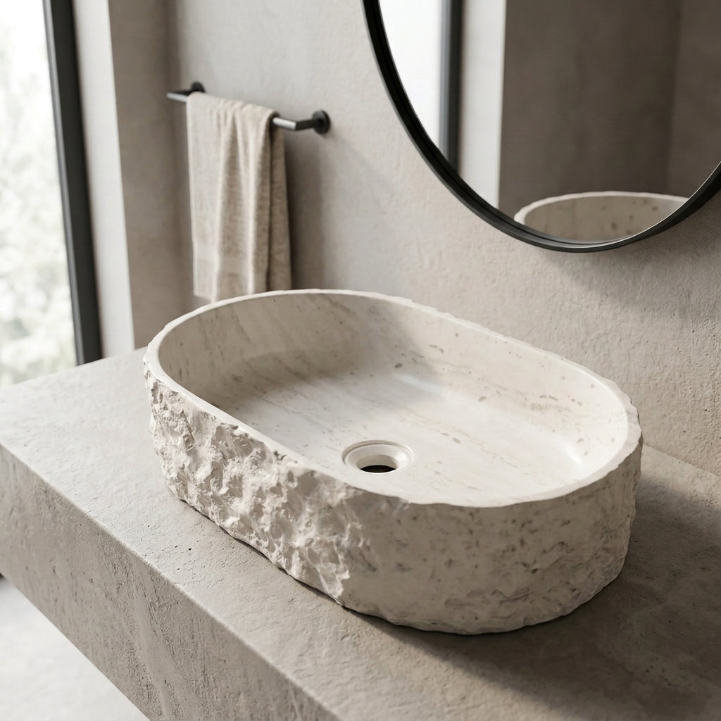 Medunjess 23" Oval Modern Chiseled Rock Face Above-Counter Bathroom Vanity Basin - Off-White Travertine Look