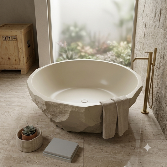 Medunjess 61" Minimalist Round Travertine-Texture Solid Surface Freestanding Bathtub