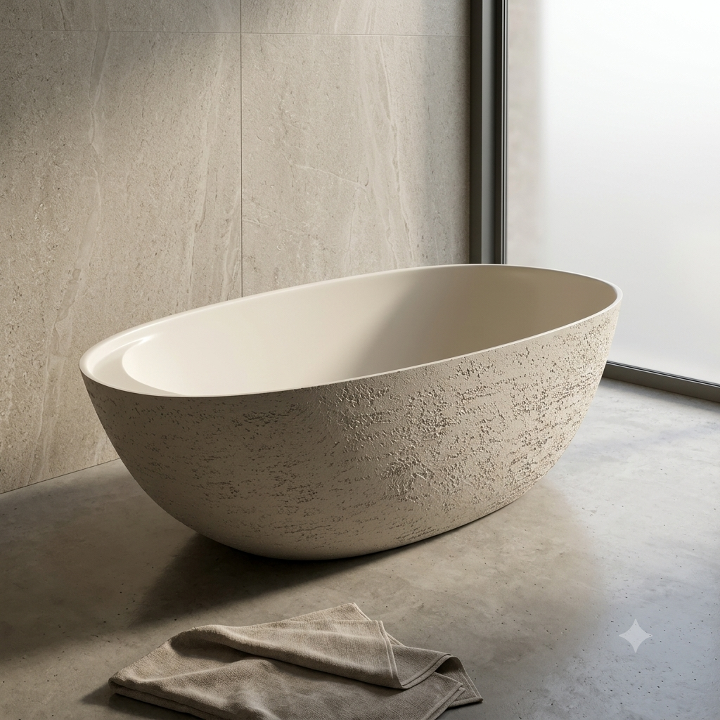 Medunjess 67" Travertine Stone Solid Surface Freestanding Bathtub Stone-Texture Soaking Tub