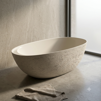 Medunjess 67" Travertine Stone Solid Surface Freestanding Bathtub Stone-Texture Soaking Tub