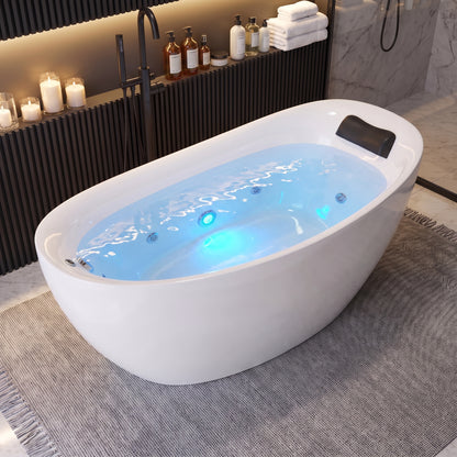 Medunjess 71" Modern Freestanding Seamless Acrylic Whirlpool Hydromassage Bathtub with 6 Water Jets, Chromatherapy LED Light, Ergonomic Black Gel Pillow