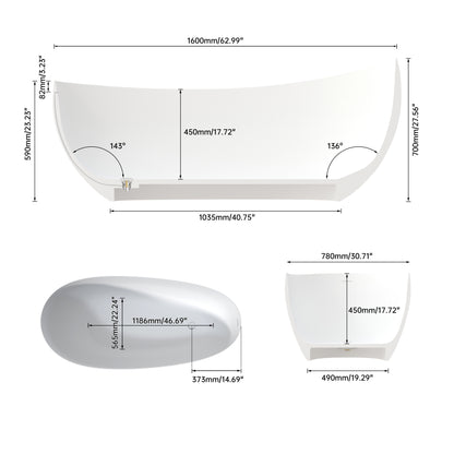 Medunjess 63'' Freestanding Tub Solid Surface Freestanding Soaking Bathtub