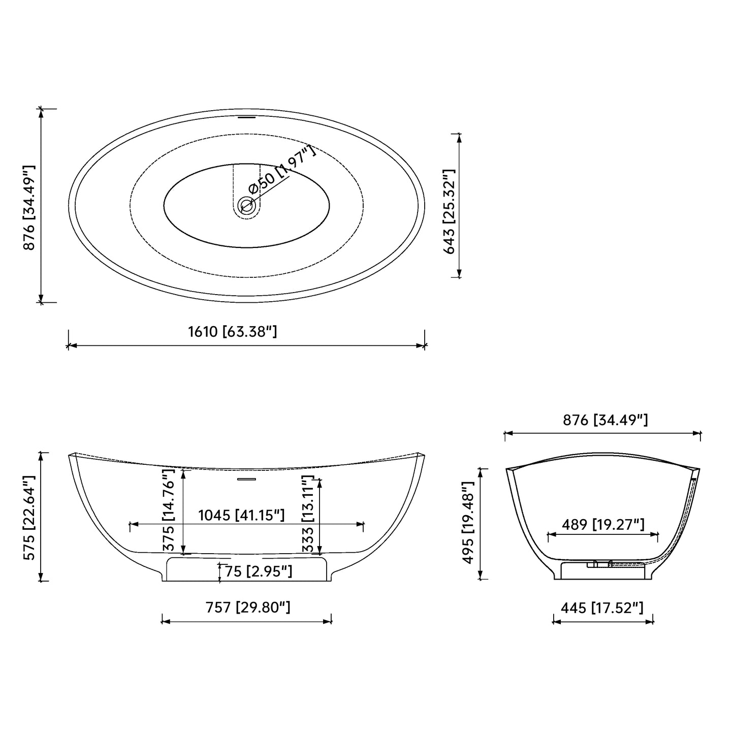 Medunjess 63.4'' x 34.5'' Freestanding Soaking Solid Surface Bathtub