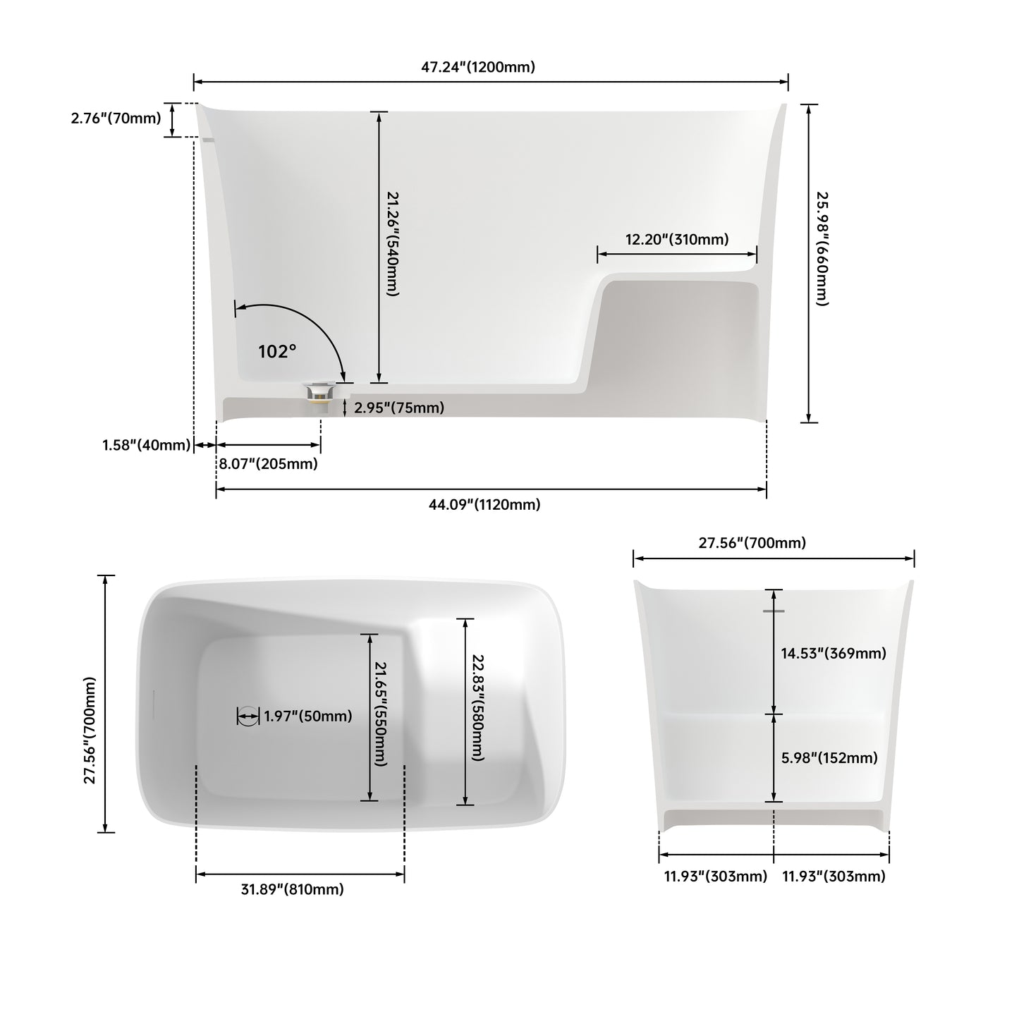 Medunjess 47" Japanese Soaking Bathtub Solid Surface Freestanding Tub With Seat