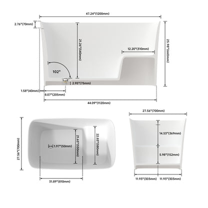 Medunjess 47" Japanese Soaking Bathtub Solid Surface Freestanding Tub With Seat
