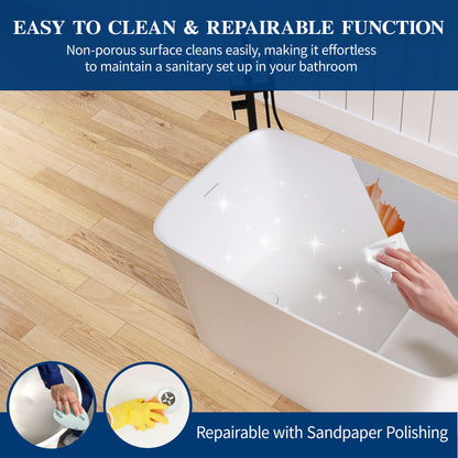 Medunjess 47" Japanese Soaking Bathtub Solid Surface Freestanding Tub With Seat