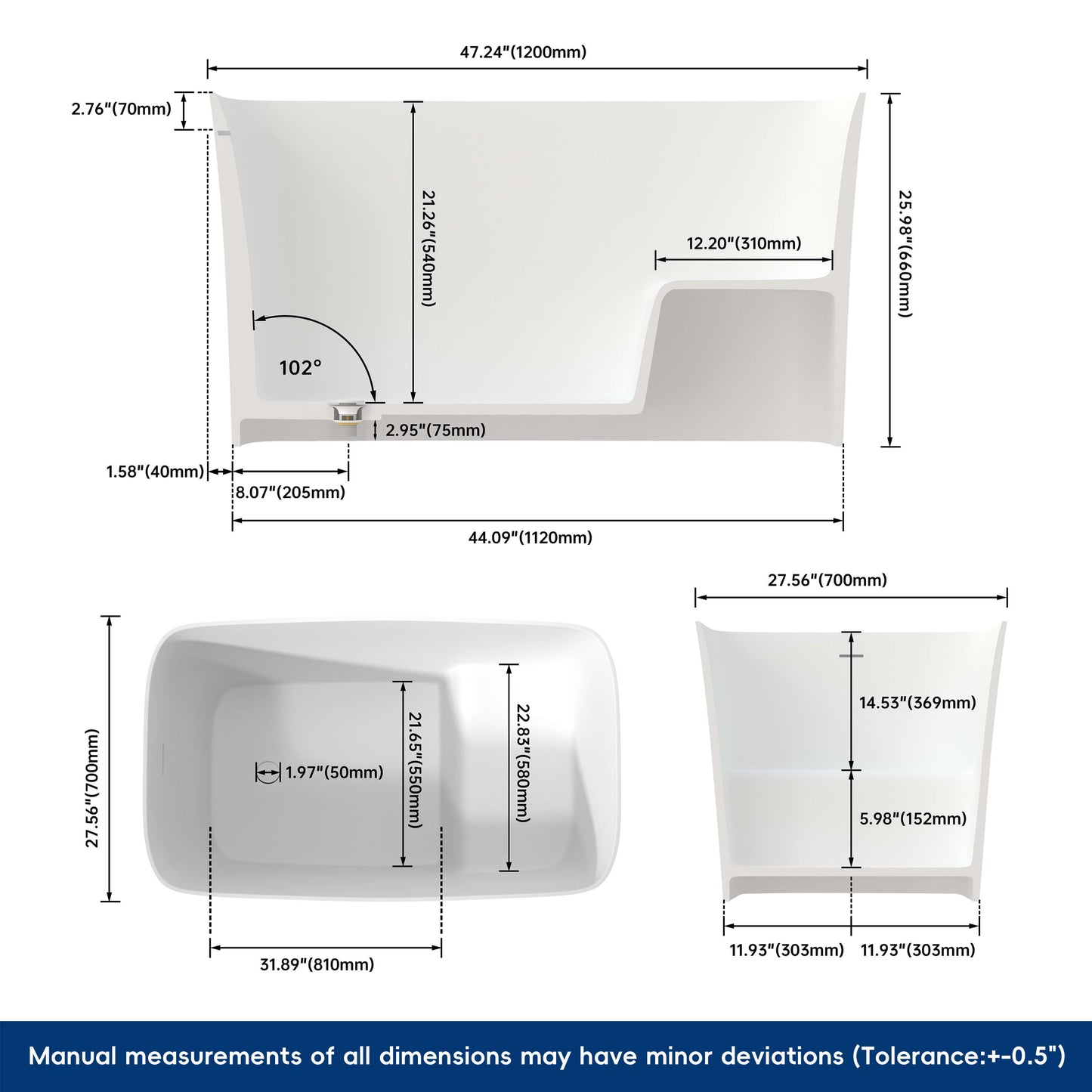 Measurement chart of a white rectangular object with dimensions labeled
