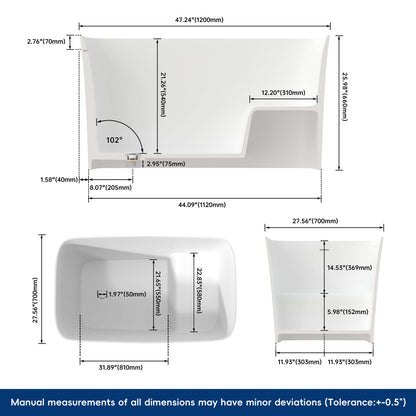 Measurement chart of a white rectangular object with dimensions labeled
