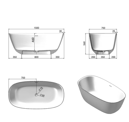 Medunjess 59.06'' x 29.53'' Freestanding Soaking Solid Surface Bathtub