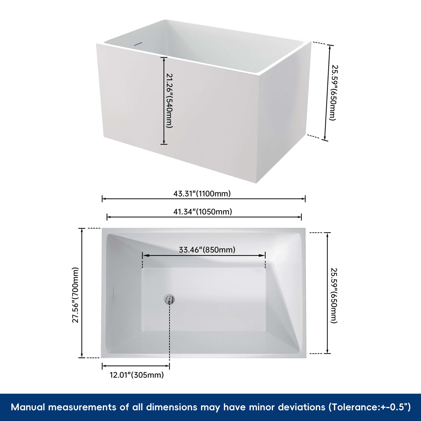 Medunjess 43'' Soak Freestanding acrylic bathtub No bench