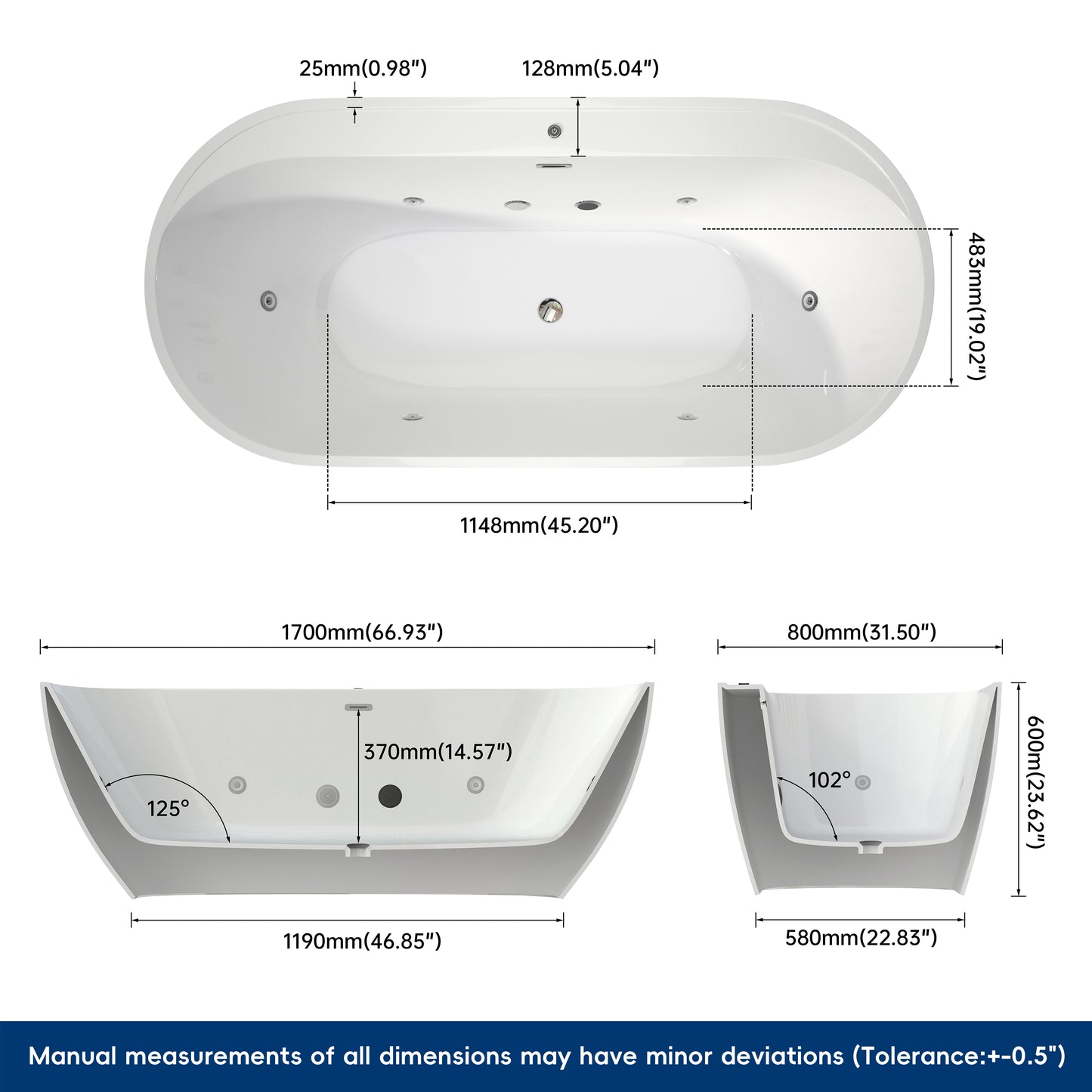 Medunjess 67" Acrylic Massage Bathtub with Whirlpool Jets for Deep Relaxation