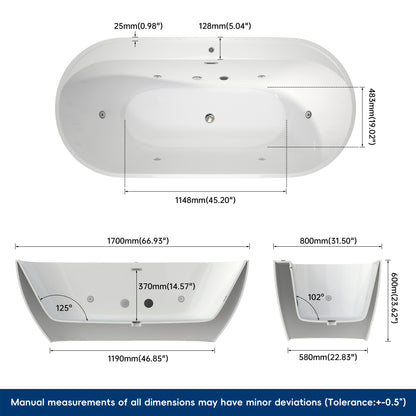 Medunjess 67" Acrylic Massage Bathtub with Whirlpool Jets for Deep Relaxation